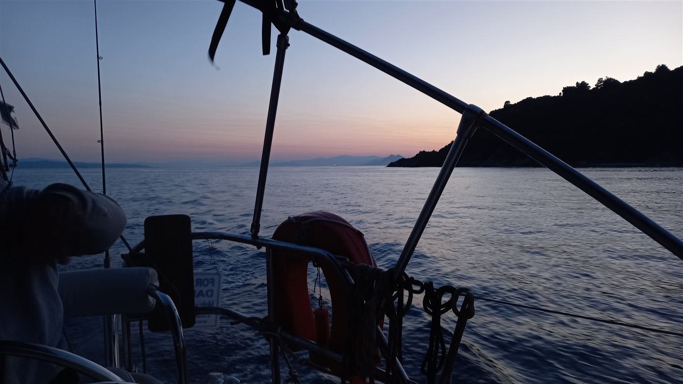 Sunset colours through the rigging and safety ring on deck