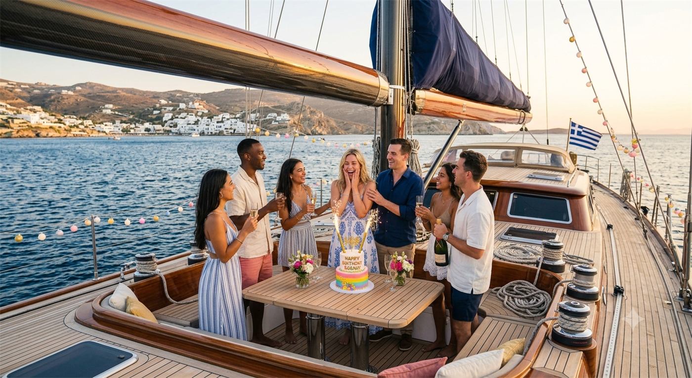 Friends swimming and celebrating beside the anchored yacht