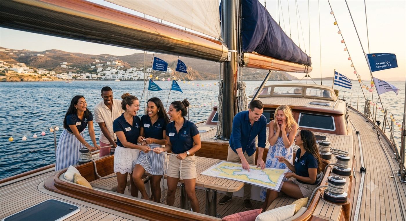 A group working together in the cockpit while under sail